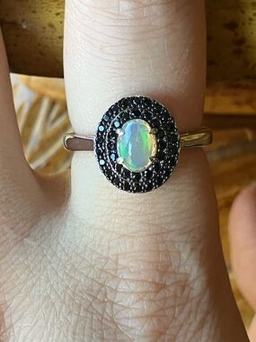 Natural Ethiopian Opal Black Spinel Sterling Silver Ring Size 7.75